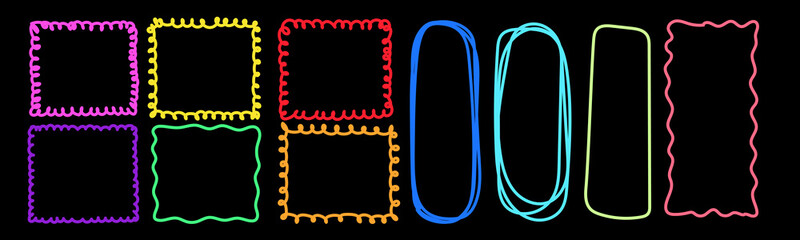 Wavy Frame Collection. Empty Outline Hand Drawn Border Element Set. Funny Positive Childish Curve Wavy Frame Border Line Art Graphic Design. Imperfect Stroke Retro Shape. Abstract Hand Drawn Outline
