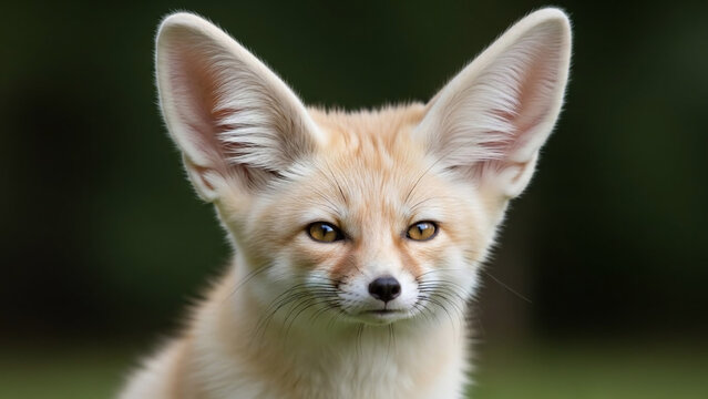 Close up portrait of a Fennec fox with striking large ears and amber eyes in natural light