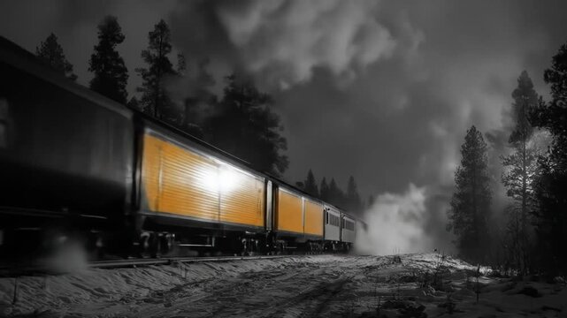 Vintage steam train traversing snowy landscape at dusk with smoke