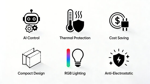 The combination of AI control and anti-static icons represents AI control, overheating protection, cost savings, and anti-static, suitable for smart device scenarios.

