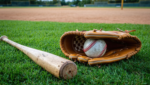 Baseball glove and bat on the grass near the field during a sunny afternoon