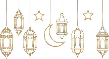 Obraz premium Elegant golden ramadan lanterns and islamic symbols hanging on a white background