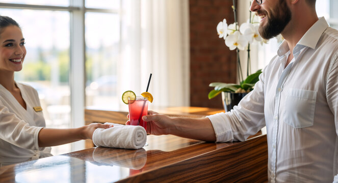 Smiling male guest receiving a welcome drink and towel at a hotel reception. Receptionist serving a client at a spa counter. Hospitality and service concept