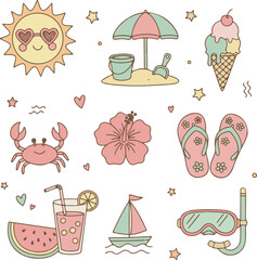 Set of Cute Hand-Drawn Pastel Summer and Beach Vacation Doodles © Mr. Akash