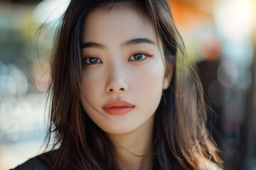 Naklejka premium Portrait of a beautiful young asian woman with long brown hair and peach lipstick, posing outdoors with a blurred background