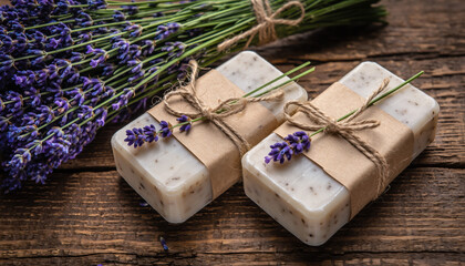 Fototapeta premium Lavender soap bars next to a bunch of lavender on a wooden table during the day