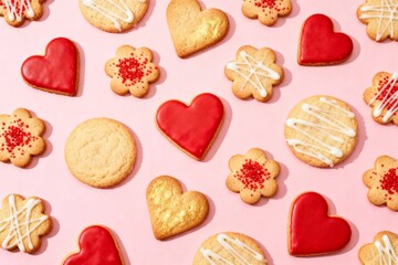 Fototapeta premium Heart-shaped Valentine cookies with pink icing, baked pastry dessert for February celebration, romantic food concept, love symbol, gourmet homemade treat on table