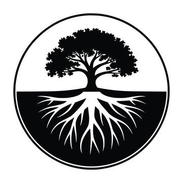 Silhouette of a tree with visible roots inside a circle