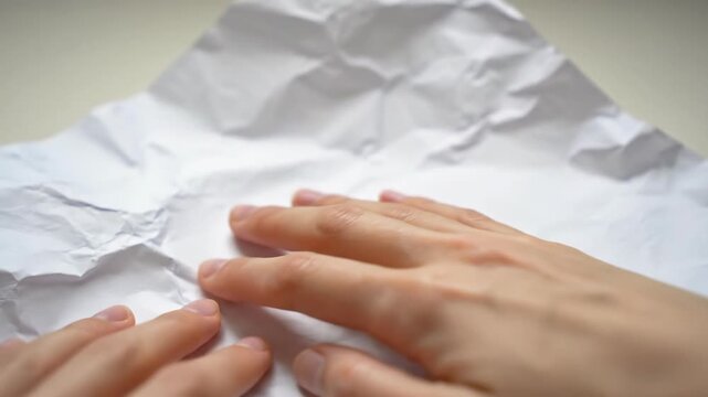 Stress and anxiety concept, a person's hands gently flatten a sheet of heavily crumpled white paper, perfect for business failure or document restoration themes.