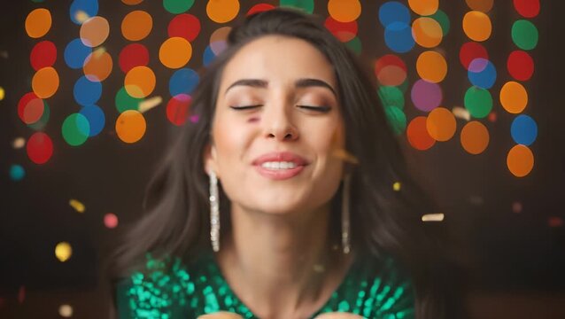 Beautiful young woman in a green sequin dress blowing colorful confetti from her hands against a background of festive bokeh lights, celebrating a party or New Year's Eve.