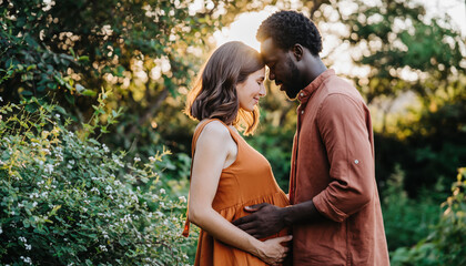 Fototapeta premium Couple stands in a green field together during sunset while expecting a baby
