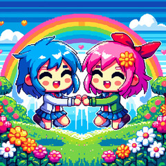 Fototapeta premium Two cute pixelated characters holding hands under a colorful rainbow amidst flowers in a cheerful landscape