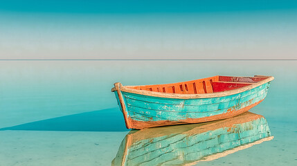 Obraz premium Lonely Turquoise Wooden Boat on Calm Water Reflection