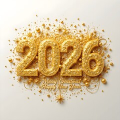 2026 메리 크리스마스와 새해 복 많이 받으세요 추상 반짝이는 골드 글리터 장식. 축제 배경. 벡터 설계 요소