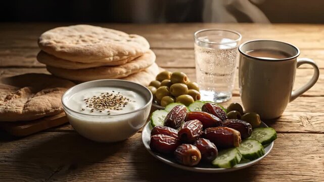 A traditional Ramadan food flat lay featuring dates, coffee, and flatbread on a wooden table