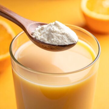 Orange juice with spoon of protein or collagen. Food supplement concept