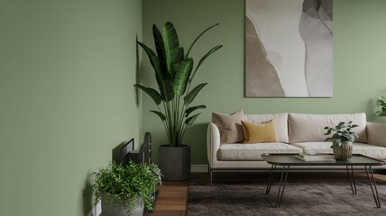 Cozy and stylish modern living room interior featuring lush green walls and vibrant indoor plants
