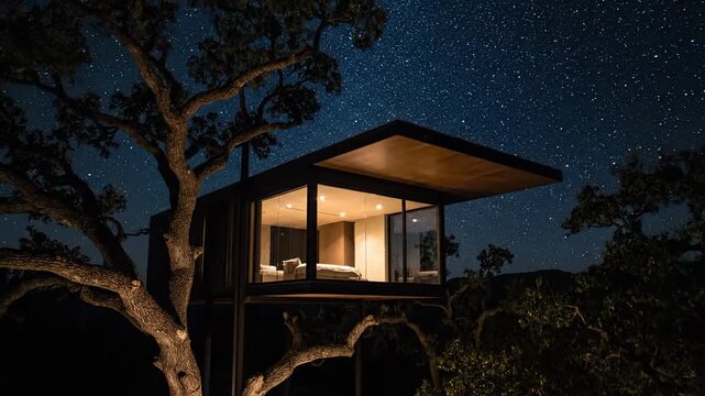 Night shot of modern treehouse architecture under starry sky, illuminated interior, a nature retreat, sustainable design, unique lodging and architectural gem.