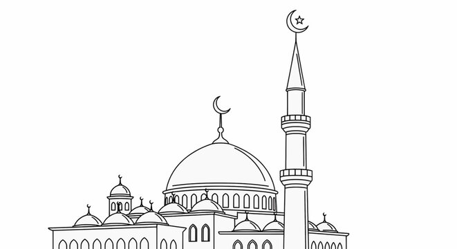 A minimalist line art illustration of a mosque with a crescent moon on its minaret and dome
