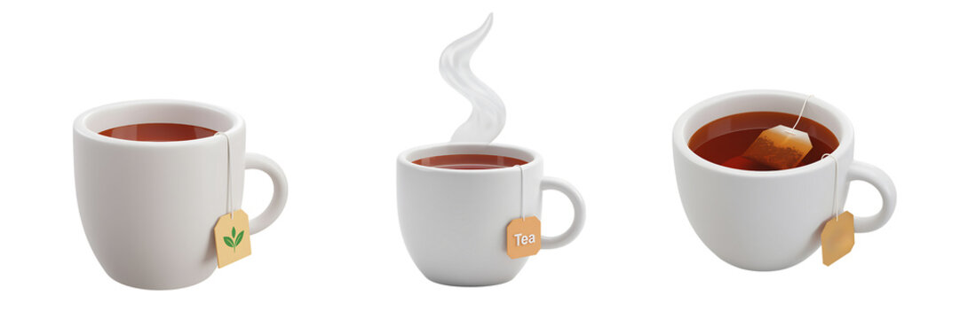 Three White Mugs With Tea And Tea Bags Isolated