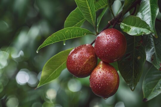 Wet jocote fruits growing on a branch after a tropical rain