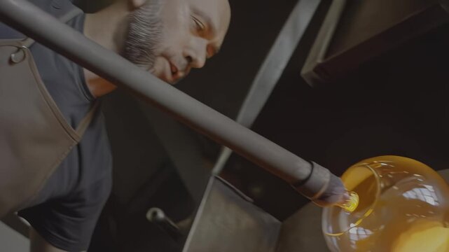 Male glassblower shaping molten glass into a round form using a blowpipe in a workshop, with glowing furnace and tools visible in the background, hdr video with neutral color