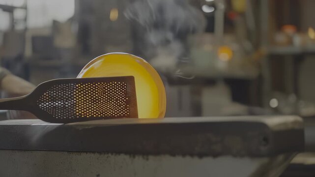 Skilled artisan using a wooden paddle to manipulate glowing molten glass on a workbench in a glassblowing workshop with tools and equipment visible in the background, hdr video with neutral color