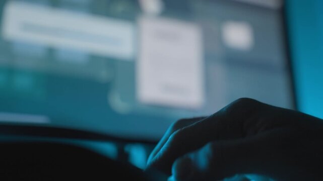 Hands and fingers typing on computer keyboard with files copying in background. Screen monitor with progress bar where secret classified files are stolen sent or exposed. Hacker breaking into server