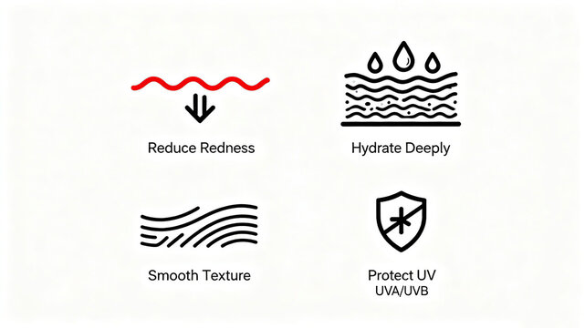 The icons for fading and sun protection represent fading and soothing, deep hydration, smooth texture, and sun protection, suitable for skincare and maintenance scenarios.
