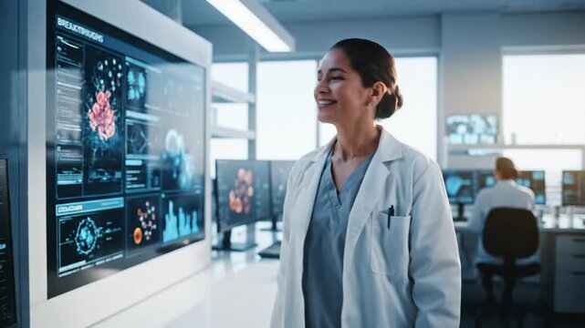 Woman scientist in lab coat looking forward in laboratory, scientific research.