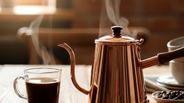 Steam gently rises from a beautiful copper gooseneck kettle, sitting on a wooden table beside a freshly brewed cup of black coffee. This cozy, warm scene evokes a perfect morning ritual, the art of sp