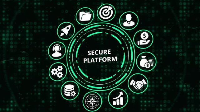 Circular infographic showcasing secure platform services including data management, finance, teamwork, and strategic planning with a dark digital background.