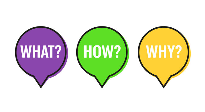 Three colorful speech bubbles with question words on white background