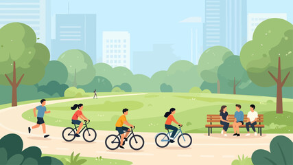 Naklejka premium Vibrant City Park Scene With Bikers, Jogger, And Friends Sitting On Bench