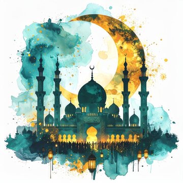 Artistic watercolor illustration of a mosque silhouetted against a vibrant crescent moon, symbolizing Ramadan and Islamic culture.