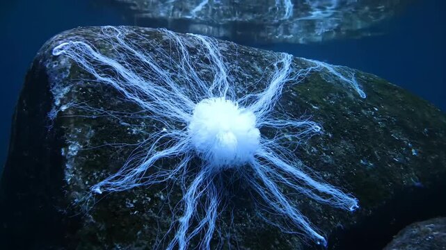 Underwater view of a rock covered in radiating Spongilla lacustris freshwater sponge filaments in blue water, aquatic life.