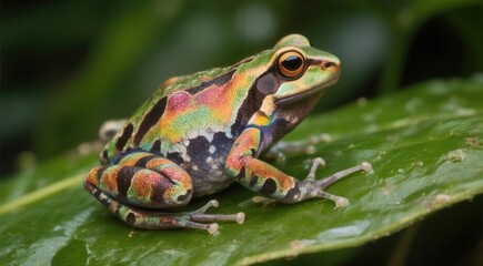 Fototapeta premium Colorful frog resting on green leaf