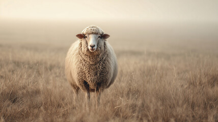 Fluffy merino sheep standing in a field of dry grass at sunset