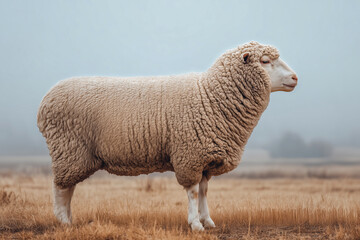 Profile view of a white merino sheep standing in dry autumn field