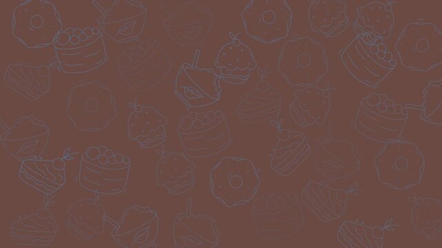Food doodle of desserts cakes and doughnuts in a light blue line art pattern suitable for menu designs and food blogs.