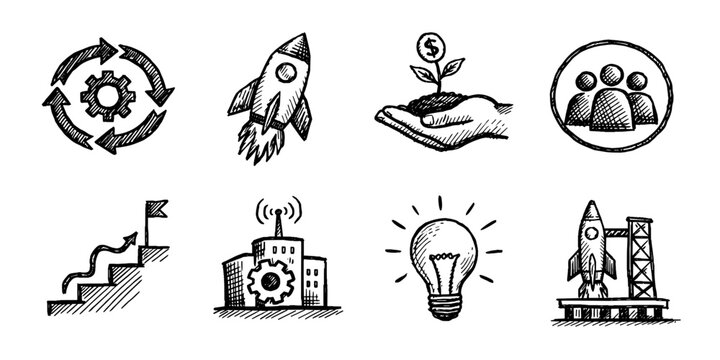 Business growth sketch icon collection in black. Set of process cycle, rocket launch, investment growth, team success and development icons in doodle style