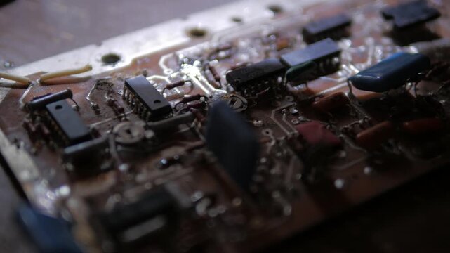 soldering a capacitor on a microcircuit radio equipment repair close-up