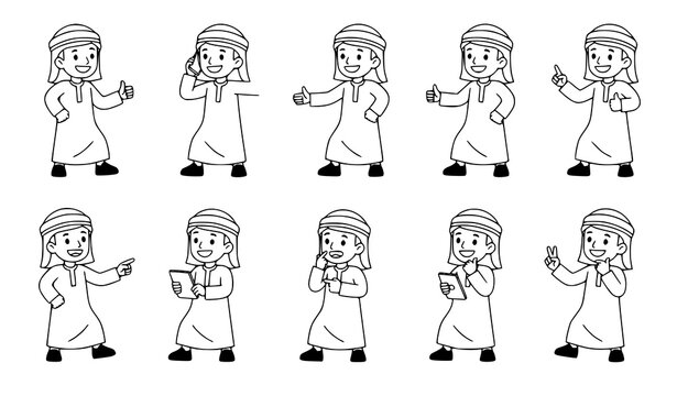 Arab Young Happy Men in Traditional Clothing Vector Action & Interaction Set