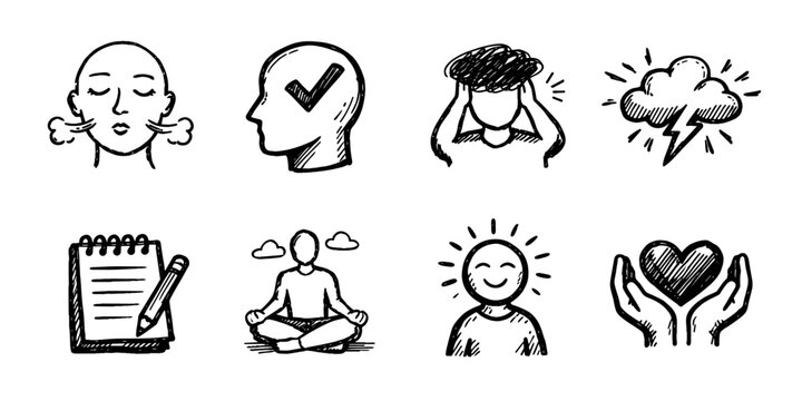 Mental wellbeing sketch icon collection in black. Set of stress, mindfulness, emotional balance, anxiety and inner calm icons in doodle style