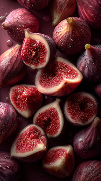 a large abundance of fresh ripe figs, arranged aesthetically. Many figs are cut in half, revealing their juicy ruby interiors