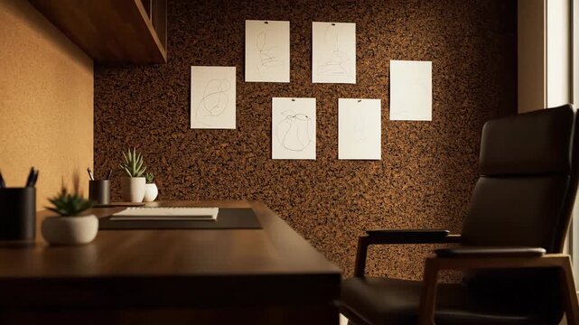 Modern office desk with plant, pencil holder, and art pinned to cork board, creating an inviting workspace.