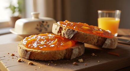 Delicious homemade toast with apricot jam and fresh orange juice