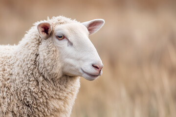 Face of a white sheep on a soft, blurred background of autumn dry grass