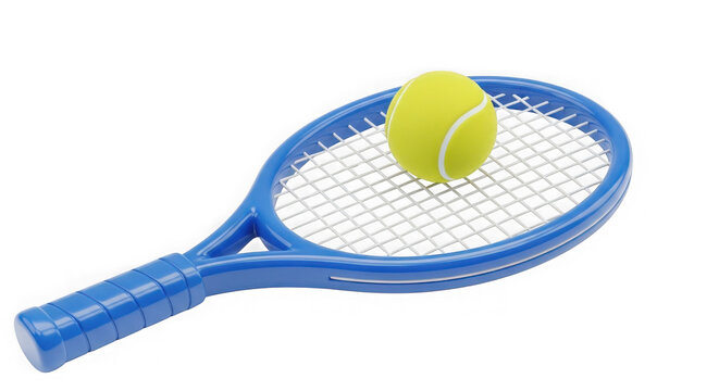 3d rendered blue tennis racket with a yellow tennis ball on the strings isolated on transparent background