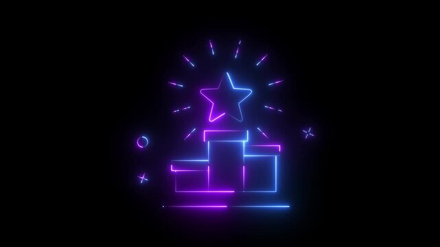 glowing Neon Reward Achievement Gift Box with Star Celebration Bonus Icon Animation on black background.4k motion video animation.
